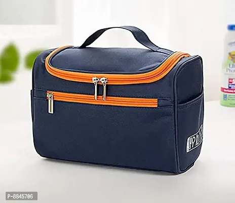 Multifunction Hanging Travel Toiletry Bag, Waterproof Dopp Kit for Shaving Makeup Accessories, Men Cosmetic Organizer with Large Capacity, for Gym, Camping - Dark Blue/Orange-thumb2