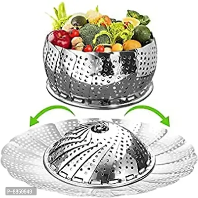 Stainless Steel Steamer Retractable, Metallic Stainless Steel Steamer Basket for Vegetable/Insert for Pots, Pans Foldable Multipurpose Fruit Bowl Steamer Big Size-thumb0