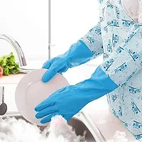 Reusable Rubber Latex PVC Flock lined Elbow Length Hand Gloves cleaning gloves for kitchen Household Purpose for winters (Free, 1 Pair Blue 1 Pair Pink)-thumb3