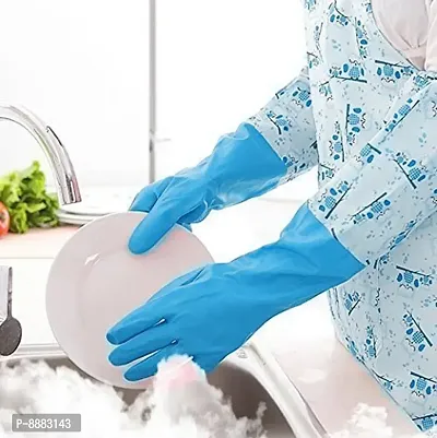 Reusable Rubber Latex PVC Flock lined Elbow Length Hand Gloves cleaning gloves for kitchen Household Purpose for winters (Free, 1 Pair Blue 1 Pair Pink)-thumb4