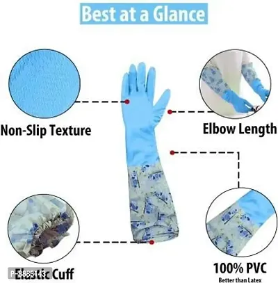 Reusable Rubber Latex PVC Flock lined Elbow Length Hand Gloves cleaning gloves for kitchen Household Purpose for winters (Free, 1 Pair Blue 1 Pair Pink)-thumb2