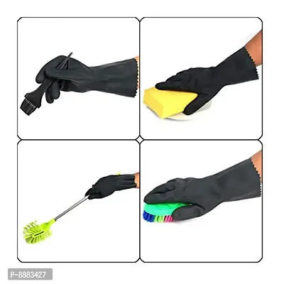 Reusable Rubber Latex PVC Flock lined Elbow Length Hand Gloves cleaning gloves for kitchen Household Purpose for winters (Free, 1 Pair Blue 1 Pair Pink)-thumb5