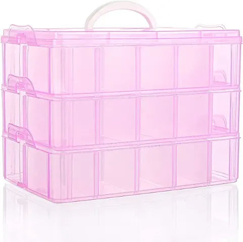 GaxQuly 3-Tier Transparent Stackable Adjustable 30 Compartment Slot Plastic Craft Storage Box Organizer For Toy Desktop Cosmetic Jewelry Accessory Drawer