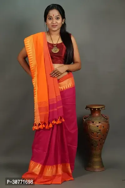 Fulia Handloom Khadi Cotton Temple Border Saree With Running Blouse Piece