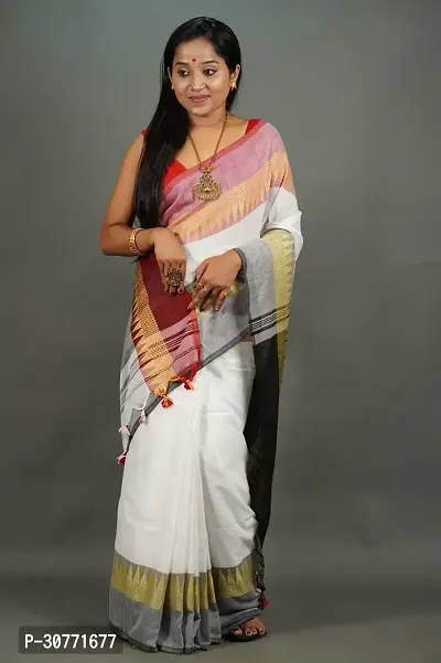 Fulia Handloom Khadi Cotton Temple Border Saree With Running Blouse Piece-thumb0