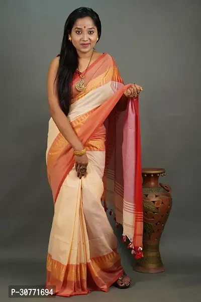 Fulia Handloom Khadi Cotton Temple Border Saree With Running Blouse Piece