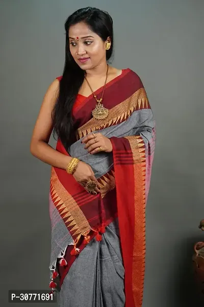 Fulia Handloom Khadi Cotton Temple Border Saree With Running Blouse Piece