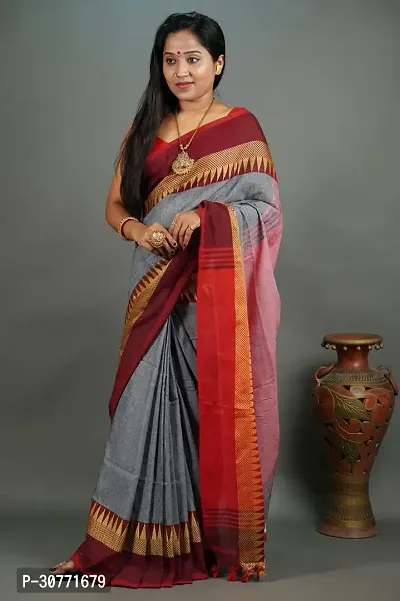 Fulia Handloom Khadi Cotton Temple Border Saree With Running Blouse Piece-thumb0