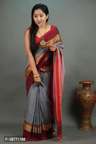 Fulia Handloom Khadi Cotton Temple Border Saree With Running Blouse Piece-thumb0