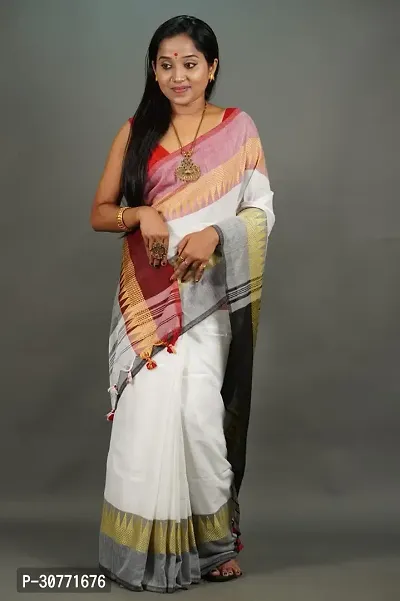 Fulia Handloom Khadi Cotton Temple Border Saree With Running Blouse Piece