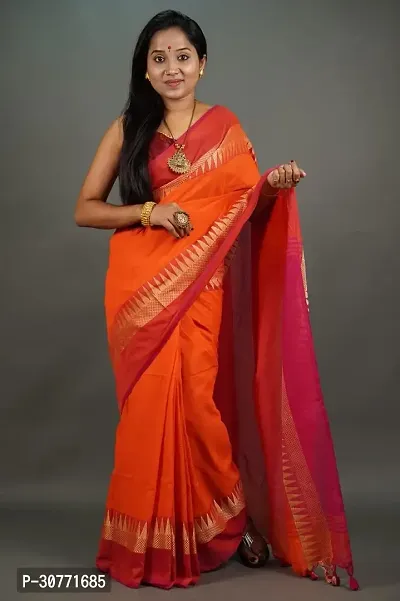 Fulia Handloom Khadi Cotton Temple Border Saree With Running Blouse Piece