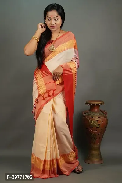 Fulia Handloom Khadi Cotton Temple Border Saree With Running Blouse Piece