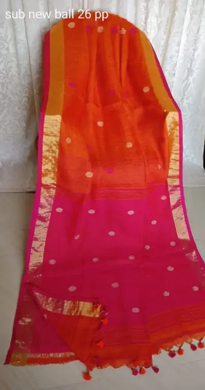 Handloom Attractive Linen Sarees with Pompom Tassels