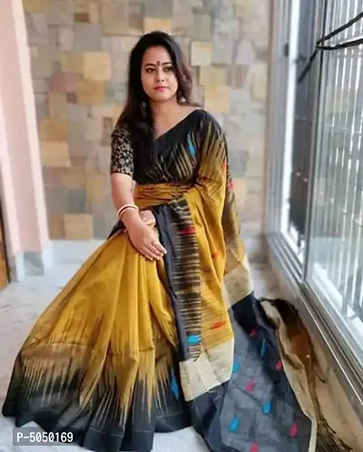 Elegant Yellow Handloom Silk Cotton Ikat Woven Design Women Saree with Blouse Piece