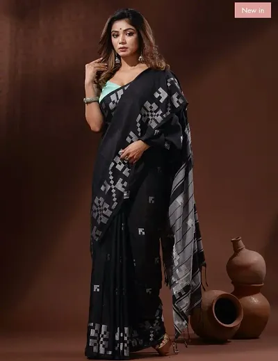 BARNALI SAREE HOUSE Women's Handloom Soft Comfortable Breathable Saree With Unstitched Blouse (Black)