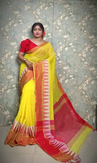 Handloom Silk Temple Border Saree With Running Blouse Piece