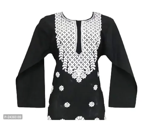 Riwaz Designer Women's Lucknowi Chikankari Embroidered Cotton Kurti (Black, Large)-thumb3