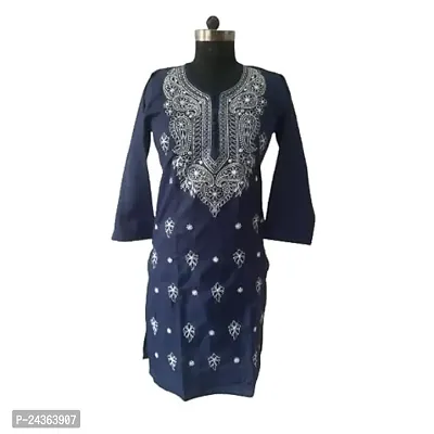 Lucknowi Chikankari Cotton Machine Work Long Kurti Dark Blue-thumb0