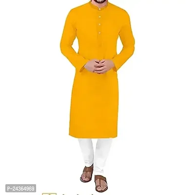 Krishna Boutique Men's Cotton Solid Straight Kurta Pyjama Set (Yellow , 42 )-thumb0