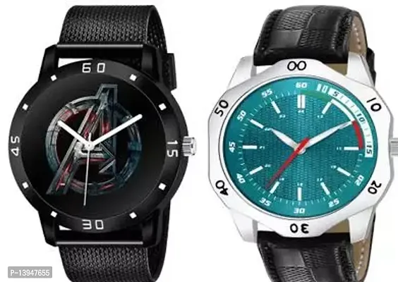 Stylish Black And D Green Synthetic Leather Analog Watches For Men- Pack Of 2