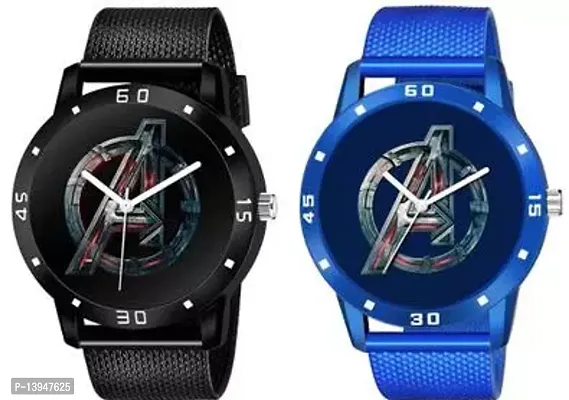 Stylish Black And Blue Synthetic Leather Analog Watches For Men- Pack Of 2-thumb0