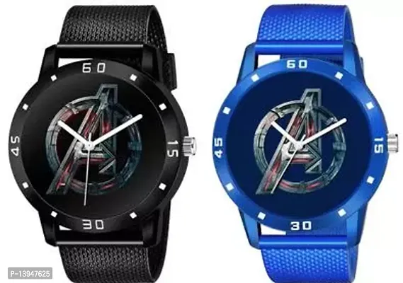 Stylish Black And Blue Synthetic Leather Analog Watches For Men- Pack Of 2