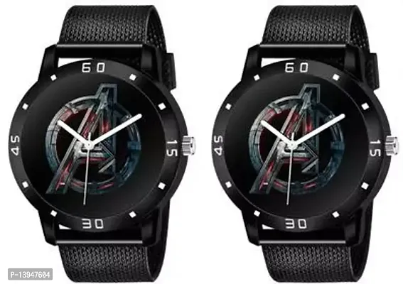 Stylish Black Synthetic Leather Analog Watches For Men- Pack Of 2-thumb0