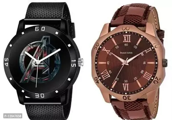 Stylish Black And Brown Synthetic Leather Analog Watches For Men- Pack Of 2