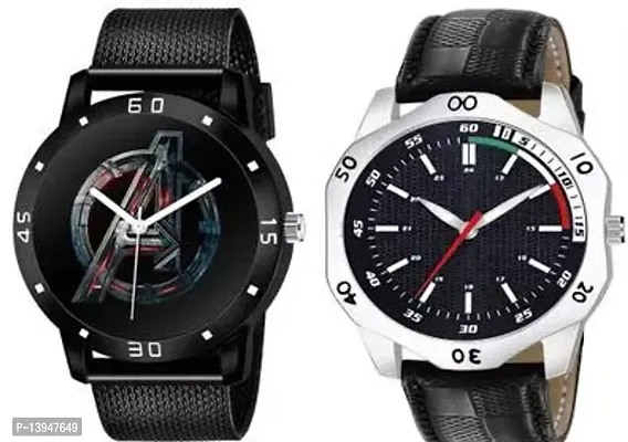 Stylish Black Synthetic Leather Analog Watches For Men- Pack Of 2