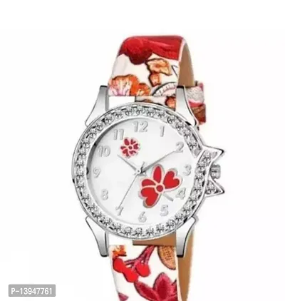 Stylish Red Synthetic Leather Floral Print Analog Watches For Women-thumb0