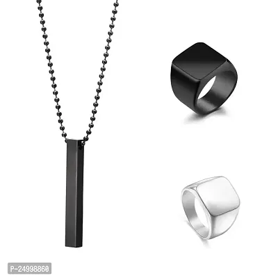 SONI DESIGNS (Pack Of 3) Trending Alloy Metal Finger Ring Set With Black Cuboid Rectangle Neck Pendant For Boys And Men.
