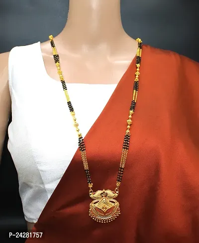 Traditional Ethnic One Gram Gold Plated 30 Inch Long Black Beads Latest Stylish Designer Pendant Golden Mangalsutra for Women