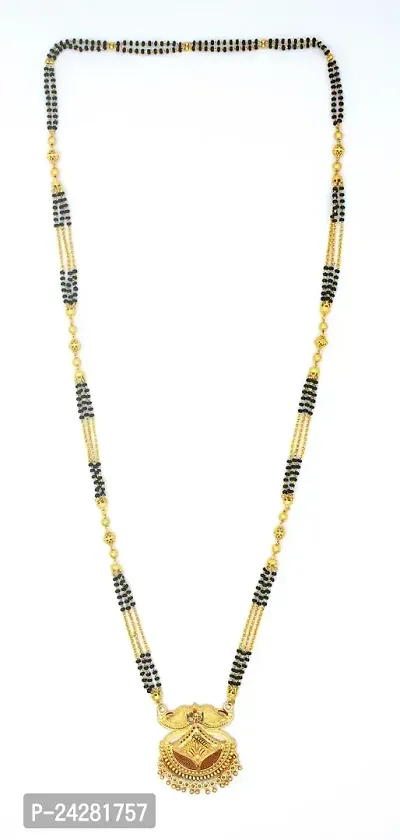 Traditional Ethnic One Gram Gold Plated 30 Inch Long Black Beads Latest Stylish Designer Pendant Golden Mangalsutra for Women-thumb3