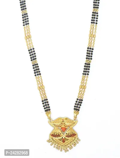 Traditional Ethnic One Gram Gold Plated 30 Inch Long Black Beads Latest Stylish Designer Pendant Golden Mangalsutra for Women-thumb2