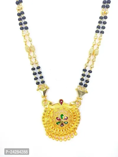 Traditional Ethnic One Gram Gold Plated 24 Inch Long Black Beads Latest Stylish Designer Pendant Golden Mangalsutra for Women-thumb2