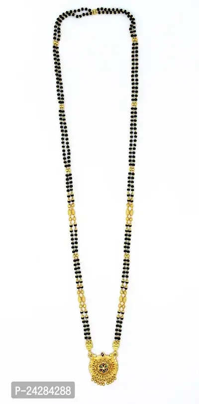 Traditional Ethnic One Gram Gold Plated 24 Inch Long Black Beads Latest Stylish Designer Pendant Golden Mangalsutra for Women-thumb3