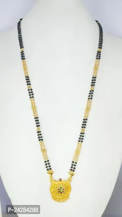 Traditional Ethnic One Gram Gold Plated 24 Inch Long Black Beads Latest Stylish Designer Pendant Golden Mangalsutra for Women-thumb5