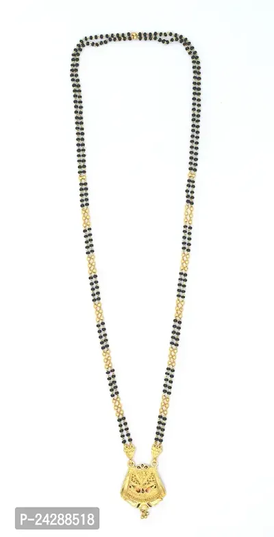 Traditional Ethnic One Gram Gold Plated 26 Inch Long Black Beads Latest Stylish Designer Pendant Golden Mangalsutra for Women-thumb3