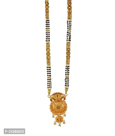 Traditional Ethnic One Gram Gold Plated 28 Inch Long Black Beads Latest Stylish Designer Pendant Golden Mangalsutra for Women-thumb2