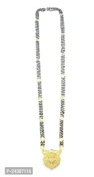 Traditional Ethnic One Gram Gold Plated 28 Inch Long Black Beads Latest Stylish Designer Pendant Golden Mangalsutra for Women-thumb3