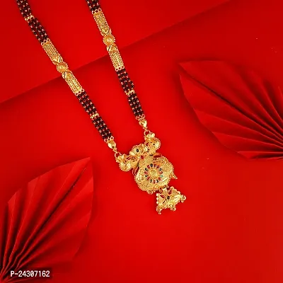 Traditional Ethnic One Gram Gold Plated 28 Inch Long Black Beads Latest Stylish Designer Pendant Golden Mangalsutra for Women-thumb2