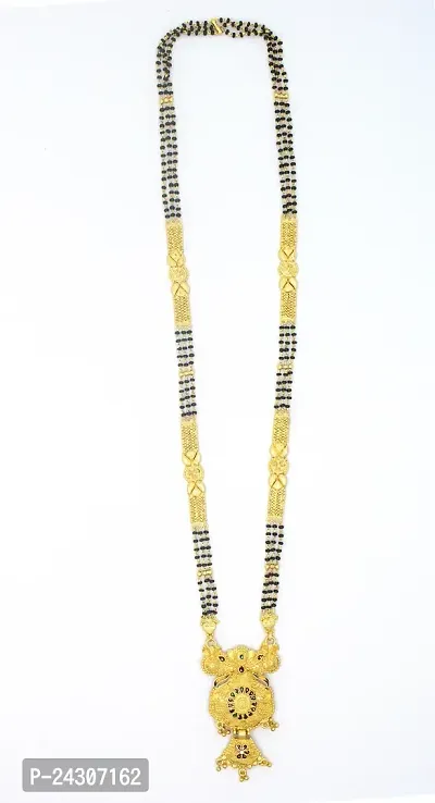 Traditional Ethnic One Gram Gold Plated 28 Inch Long Black Beads Latest Stylish Designer Pendant Golden Mangalsutra for Women-thumb5