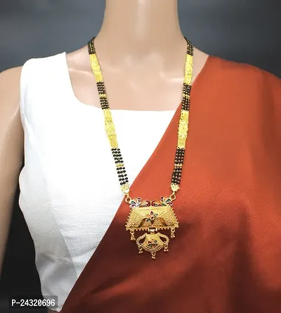 Traditional Ethnic One Gram Gold Plated 28 Inch Long Black Beads Latest Stylish Designer Pendant Golden Mangalsutra for Women-thumb0