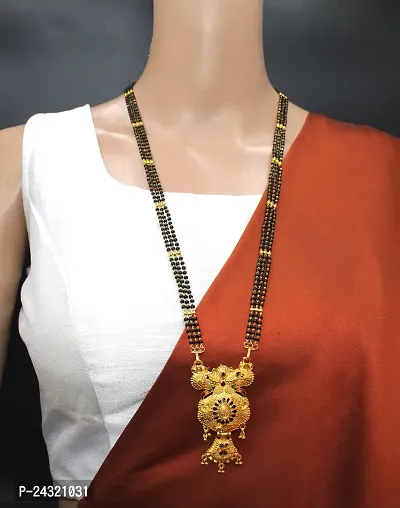 Traditional Ethnic One Gram Gold Plated 28 Inch Long Black Beads Latest Stylish Designer Pendant Golden Mangalsutra for Women-thumb0
