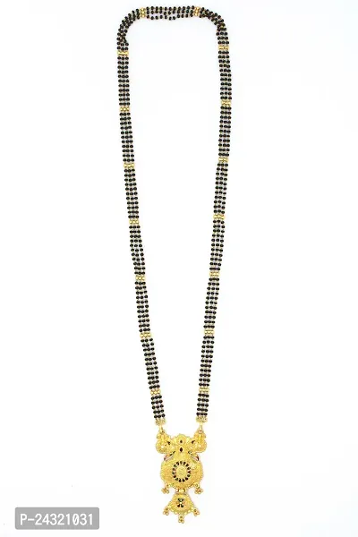 Traditional Ethnic One Gram Gold Plated 28 Inch Long Black Beads Latest Stylish Designer Pendant Golden Mangalsutra for Women-thumb4