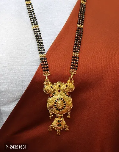 Traditional Ethnic One Gram Gold Plated 28 Inch Long Black Beads Latest Stylish Designer Pendant Golden Mangalsutra for Women-thumb5