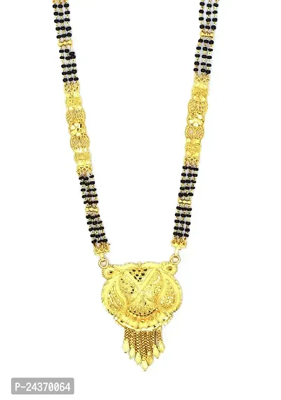 Traditional Ethnic One Gram Gold Plated 28 Inch Long Black Beads Latest Stylish Designer Pendant Golden Mangalsutra for Women-thumb2