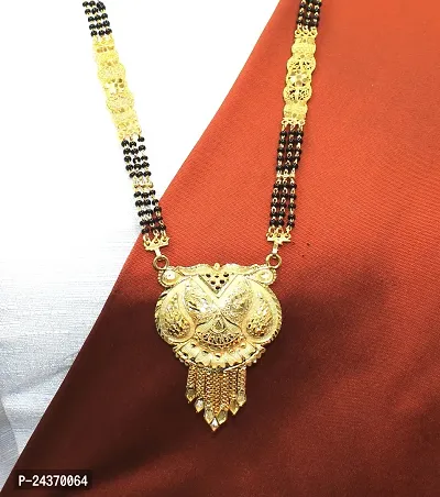 Traditional Ethnic One Gram Gold Plated 28 Inch Long Black Beads Latest Stylish Designer Pendant Golden Mangalsutra for Women-thumb3