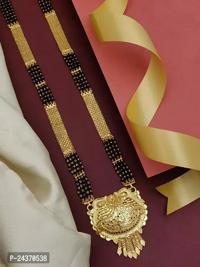 Traditional Ethnic One Gram Gold Plated 30 Inch Long Black Beads Latest Stylish Designer Pendant Golden Mangalsutra for Women-thumb2