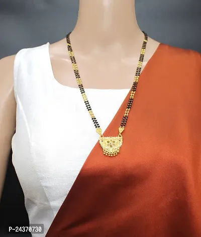Traditional Ethnic One Gram Gold Plated 24 Inch Long Black Beads Latest Stylish Designer Pendant Golden Mangalsutra for Women